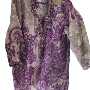 See thru fancy long sleeved sequined pullover blouse